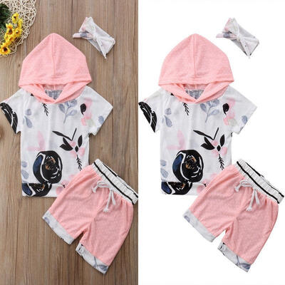 

3pcs Baby Girls Pink Floral Printed Long Sleeves HeadbandTopsPants Clothes Set