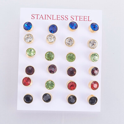 

304 Stainless Steel Stud Earrings with Rhinestone Flat Round Mixed Color 155x7x45mm Pin 07mm