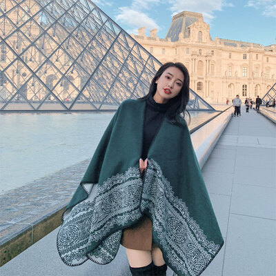 

National style autumn&winter new blue&white porcelain dual-use scarf female travel photo slit shawl thick double-sided cloak