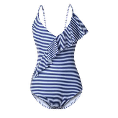 

Sexy Off Shoulder Stripe One Piece Swimwear Women Ruffles Swimsuit Monokini