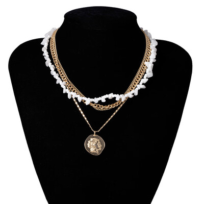 

Vintage Chain Stone Coin Multilayer Pendant Long Chain Necklace Women Gold Necklace Set Simple Statement Valentines Day Gift