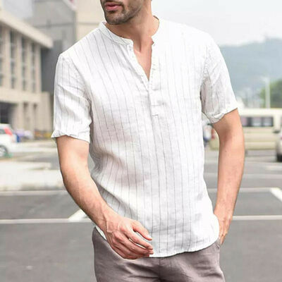 

Summer Mens Linen V Neck Short Sleeve Basic Tee T-shirt Casual Tops Blouse