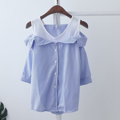 

Women Clothes Vertical Stripe Spaghetti Strap Off-shoulder Loose Shirt Casual Summer Autumn Women Striped