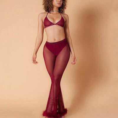 

Sexy Women Beach Mesh Ruffles Sheer Wide Leg Pants Loose Bikini Cover Up See Through High Waist Flared Leg Long Trousers