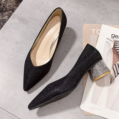 

Crystal Shoes Sequin High-heeled Shoes Womens Coarse Joker Wedding Shoes Fairy Wind Shallow Mouth Pointed Womens Shoes