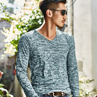 

Mens Loose Fit Solid Color Tops V-neck Long Sleeve Muscle Bottoming Casual Shirt