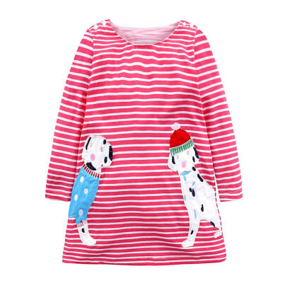 

Thicken Girls Long Sleeve Stripe Cartoon Dogs Dresses Baby Casual Clothing