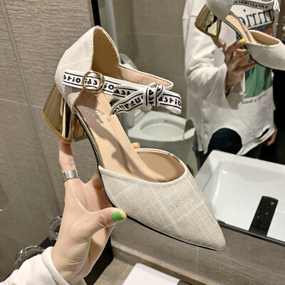 

High heels thick heel pointed bow sandals 2019 spring new fairy retro with a buckle with a single shoe woman