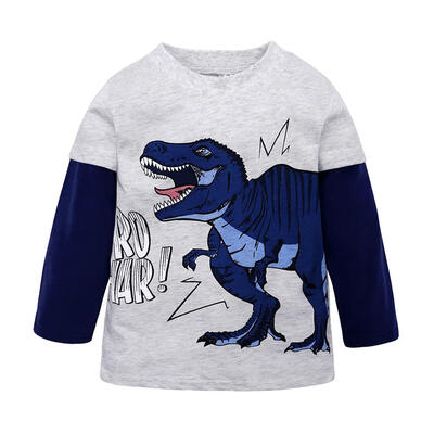 

Boys Fashion Cartoon Dinosaur T-shirt Splicing Color Cotton Children Tops