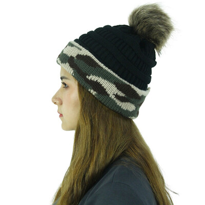 

Tailored Women Camouflage Stitching Outdoor Plush Ball Hats Crochet Knit Beanie Cap