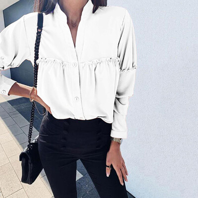 

Tailored Womens Fashion V-collar Button Shirt in Pure Colors&Loose Sleeves Blouses