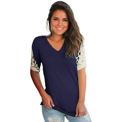 

V-neck short-sleeved crochet lace stitching casual top