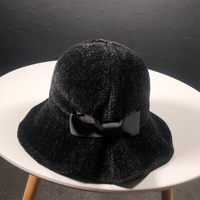 

Ms Pepper Hat Korean Edition Autumn&Winter Chenille Fishermans hat British Japanese bow hat foldable basin hat