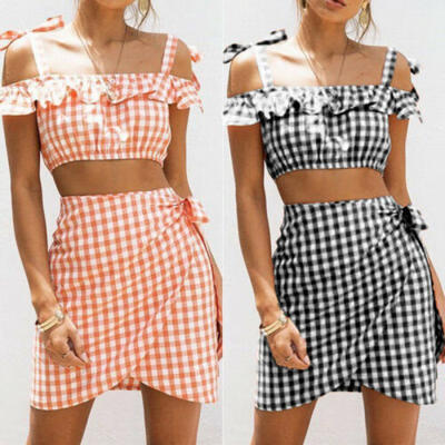

US Women Sexy Lace Up Off Shoulder Crop Top Short Skirt Set 2 Piece Outfit Dress