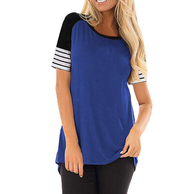 

Nomeni Women Casual Striped Solid Patchwork Blouse Short-Sleeve O-Neck Tops