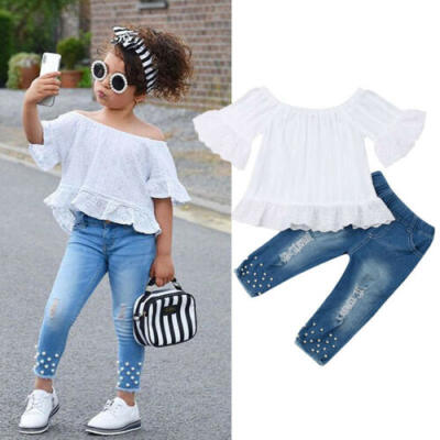 

Toddler Kids Baby Girls Off Shoulder Tops Denim Pants Trousers Outfits Clothes