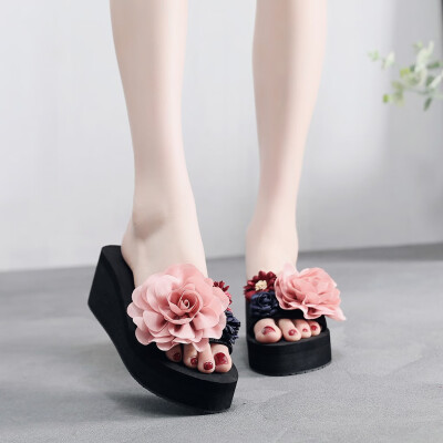 

Rose Fashion Flower Women Slip-on Open Toe Wedges Heels Causal Slipper Slides Shoes