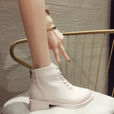 

Martins boots female English wind autumn wild fashion ins round head lace thick heel zipper boots