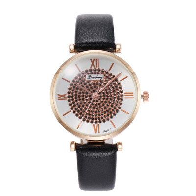 

Women Fashion Alloy Case Leather Band Quartz Watch Sun Pattern Roman Numeral Time Wrist Watch