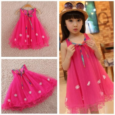 

Summer Kids Girls A-Line Tulle Dress Sleeveless Sundress Bow Floral Skirt 2-7Y