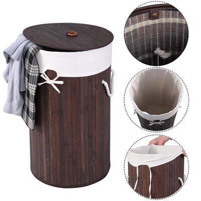 

Round Bamboo Hamper Laundry Basket Washing Cloth Storage Bag Lid Natural