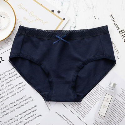 

Women Solid Color Cotton Panties Mid Rise Bowknot Lace Trim Breathable Briefs Underwear Lingerie