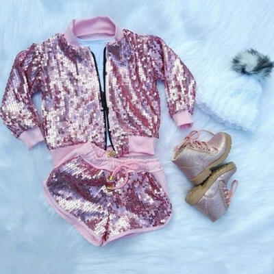 

Toddler Kid Baby Girl Autumn Sequin Zipper Top Coat Jacket Shorts Pants Outfits