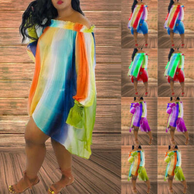 

Summer Women Off Shoulder Rainbow Pomiss Sweet Striped Chiffon Short Mini Dress