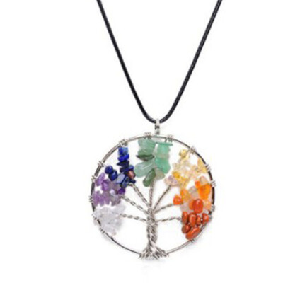 

Chakras Tree Of Life Necklace Women Jewelry Fashion Temperament 7-Colour-Agate-Gravel Pendant Sweater Chain Sweet Fresh Creative