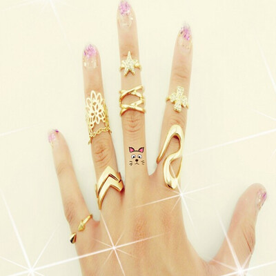 

New Fashion Trendy 7 Pcsset Ring Jewelry Finger Ring Set Gift For Women Girl Exaggerated Seven-piece Ring Set