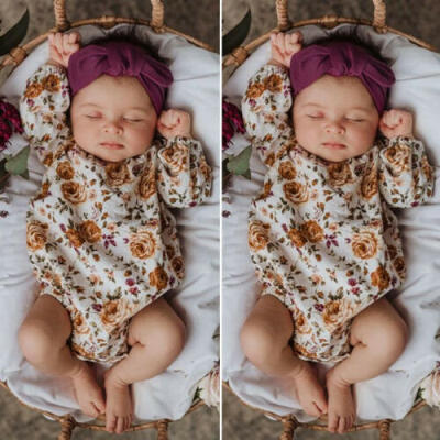 

2PCS Newborn Baby Girl Autumn Clothes Flower Romper Jumpsuit Headband Outfit Set