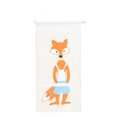 

3 Pockets Fox Print Door Wall Hanging Storage Bags Cotton Linen Organzier