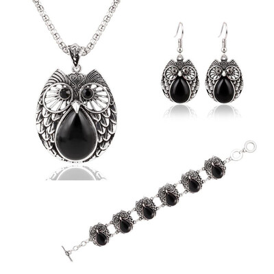 

IF ME Fashion Vintage Summer Style Owl Jewelry Sets For Women 3 Colors Stone Pendant Animal Necklace Earrings Charm Bracelets