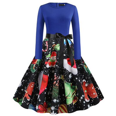 

Christmas Vintage Dress Long Sleeve Big Swing Party Dress Elegant Printed Xmas Dress