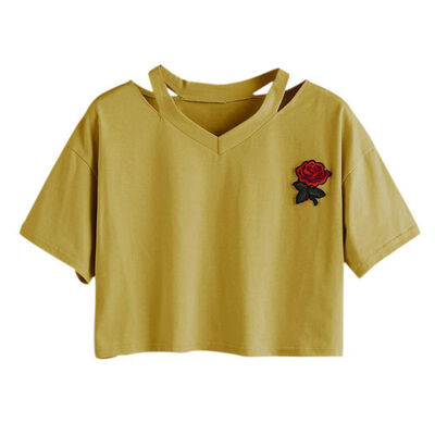 

Women Short T Shirt Summer Sexy Hollow Out Short Sleeve Casual Harajuku Crop Top Rose Embroidery T-shirts