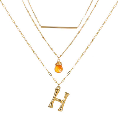 

Small Orange stone Gold Metal Bamboo 2cm 26 Letter Alphabet A-Z Minimalist Initial Pendant Necklace Fashion Twist Chain Jewelry