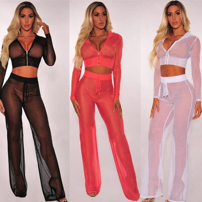 

Women Hoodies Crop Tops Pants Tracksuit Set Sportwear Beachwear Bikini Cover UP