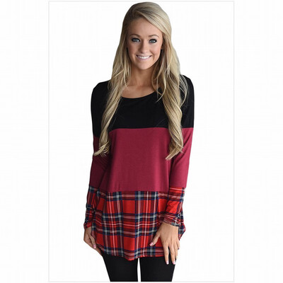 

Round neck long sleeve plaid stitching shirt casual straight top