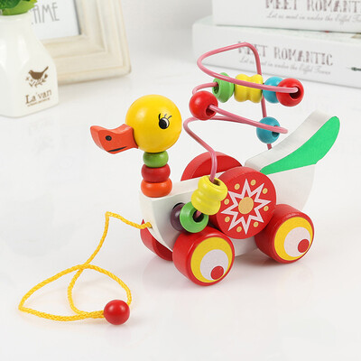 

Toddler Toys Duckling Trailer Round beads Wooden Toy Early Educational For Kids