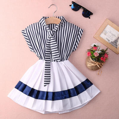 

2016 New Fashion Kids Baby Dresses Girls Navy Striped Woven Princess Party Dress 2-7Y