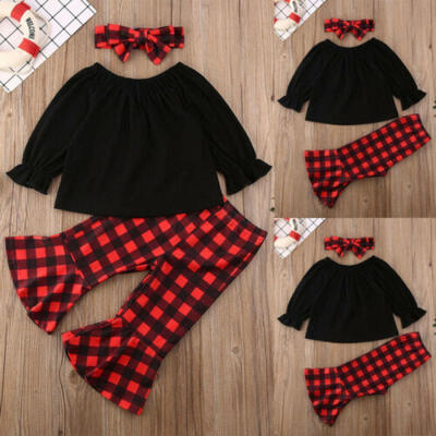 

US Christmas Kids Baby Girl Clothes Ruffle Plaids T-shirt Leggings Pants Outfit