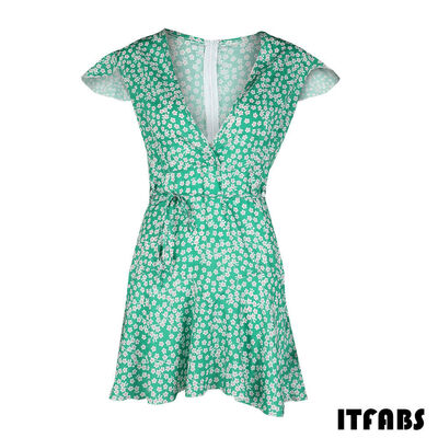 

Summer Women Short Sleeve Loose V-neck Mini Dress Ladies Summer Ruffle Shirt Dress Holiday Beach Tops