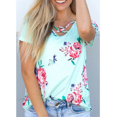 

omen Summer Short Sleeve Floral Shirt Blouse Tops Loose T Shirt Casual TOPS