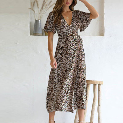 

Fashion Ladies Leopard Print Sundress Summer Short Sleeve Dress Casual V-Neck Midi Dress