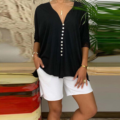 

Starmoon Women Fashion Summer V Neck Solid Long Sleeve Buttoned Blouse Shirt Top