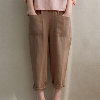 

Loose casual versatile cotton linen stretch high waist solid solid color trousers