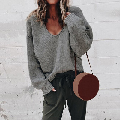 

Womens V-neck Knit Sweater Ladies Long Sleeve Casual Loose Jumper Pullover Tops