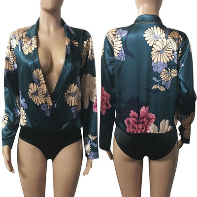

Women Ladies Sexy Floral Tuxedo Wrap Over Satin Bodysuit Leotard Top Jumpsuit