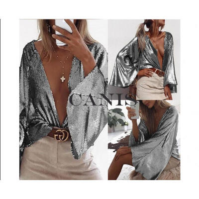 

Hot Womens Fashion Sexy Sequin Jacket Trumpet Sleeve Cardigan Spring Autumn Tops 2019