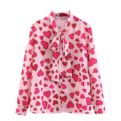 

Heart Print Chiffon Women Blouses Pink Long Sleeve Turn Down Collar Lace Up Women Shirt 2019 Summer Casual Female Streetwear Top